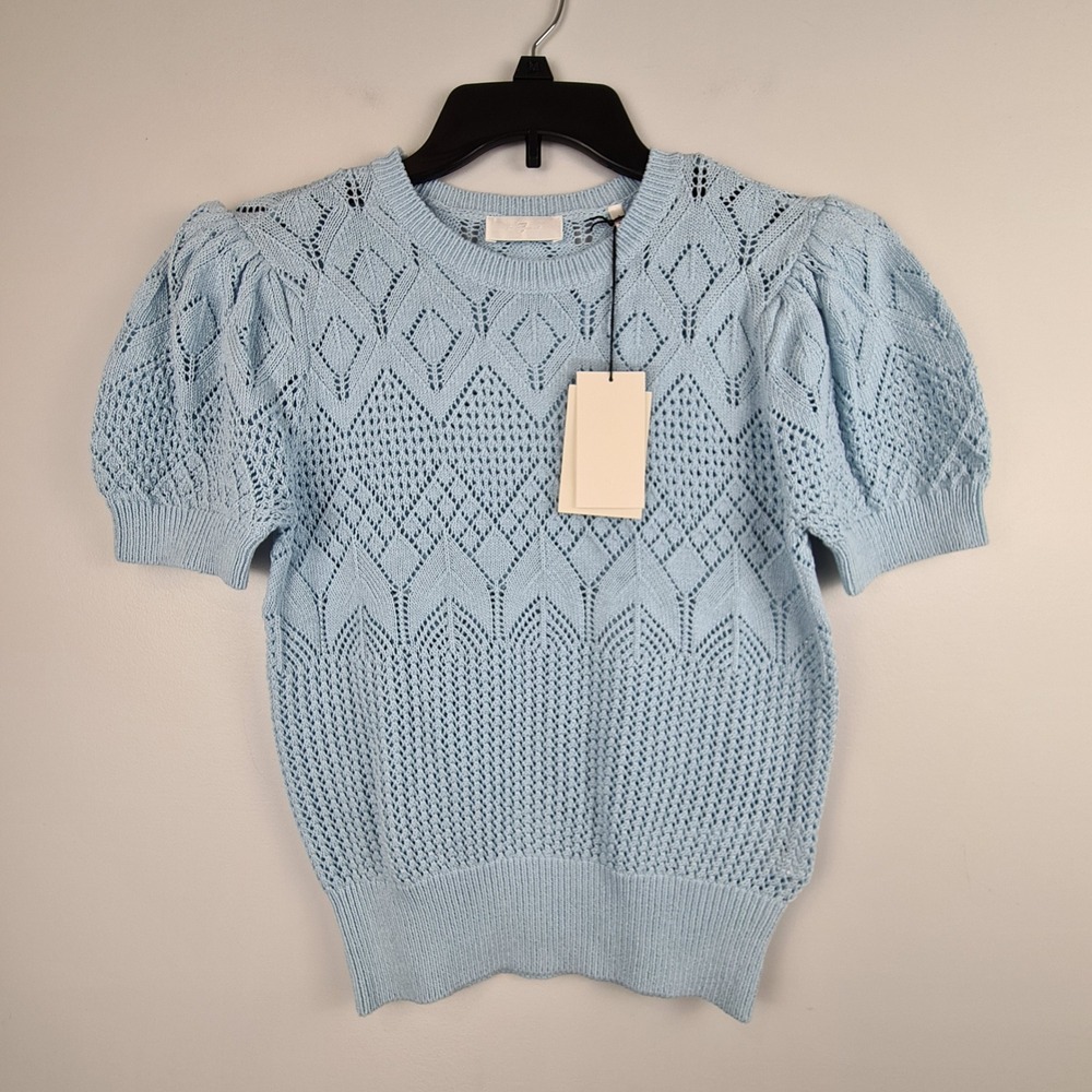7 For All Mankind Womens Light Blue Pointelle Knit Puff Sleeve Sweater‎ Small